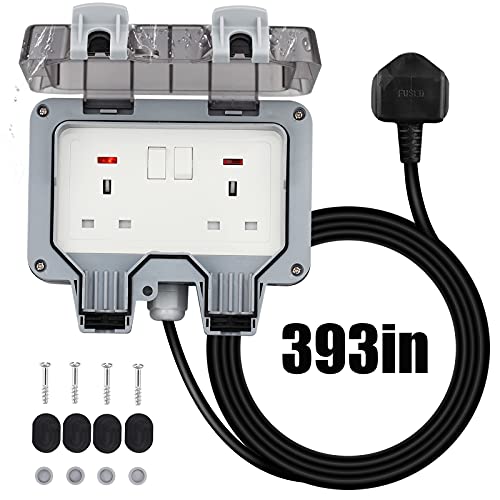 Outdoor Sockets Waterproof Double Socket, Weatherproof Outdoor Sockets with 10M Extension Cable Outdoor Outside Plug Socket 13A IP66 Wall Electrical Outlets Switched Socket Covers