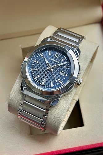 Image of AMERICANVIBER Men's Stainless Steel Watch, White Textured Dial, Analog Quartz Movement, Date Display, Water-Resistant, Silver Tone Bracelet for Men