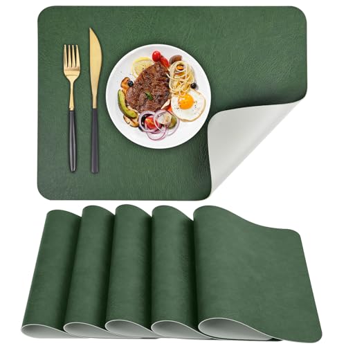 APLKER Platzsets 6er Set, rutschfest Abwaschbar Tischsets,Doppelseitigen Kunstleder Platzdeckchen, Hitzebeständig Platz-Matten für Küche Speisetisch, 40 x 30 cm (Grün/Grau, 6pcs)