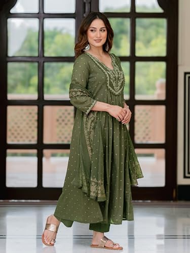 Image of Arayna Women's 100% Pure Cotton Anarkali Kurta Set with Pant & Dupatta | Embroidered Flared Kurta | Elegant Ethnic Suit