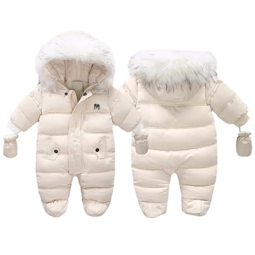 Image of BYFRI Baby Boys Girls Snowsuit with Gloves Toddler Winter Hooded Footie Infant Warm Jumpsuit Outerwer Thick Newborn Coat