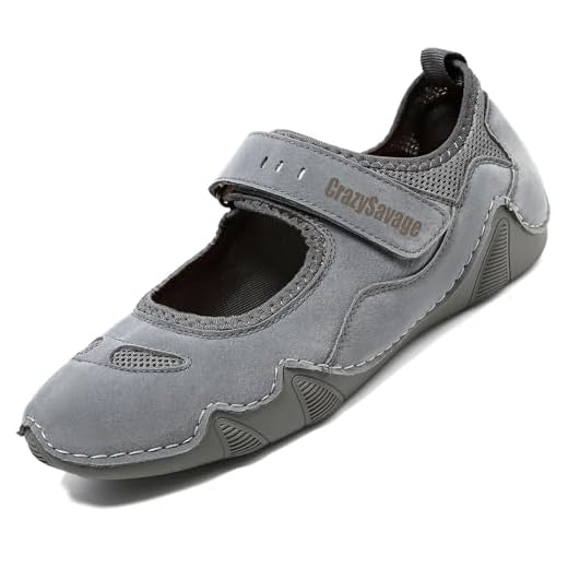 CrazySavage Tênis feminino casual respirável Mary Jane plano ajustável gancho e laço caminhada enfermeira sapato social fechado bico redondo leve slip on ortopédico sapato de trabalho, Cinza, 35