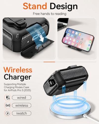 Image of for AirPods Pro 3 Case with Lock (Black) | Compatible with MagSafe,with Phone Stand,with Automatic Snap Switch Carbon Fiber Design Protection Cover with Cleaning Pen