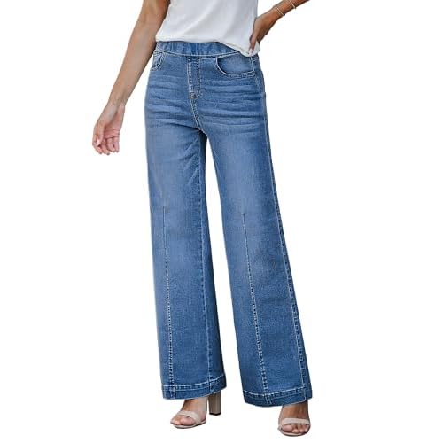 GRAPENT Pull On Womens Jeans Baggy Stretchy High Waisted Denim Wide Leg Trouser Pants Trendy Front Seam 90s Loose Jean