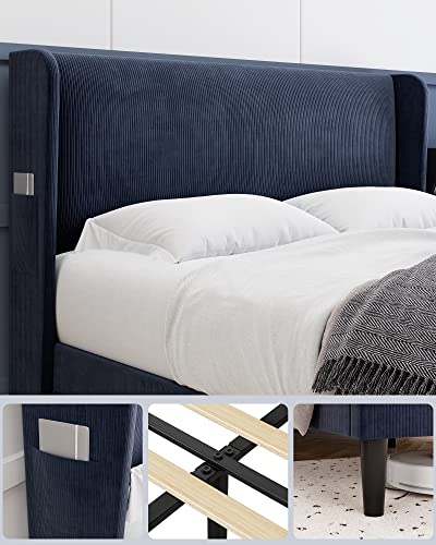 Homhougo Full Bed Frame, Upholstered Platform Bed With Wingback Headboard, Velvet Upholstered Bed Frame With 2 Storage Pockets, Strong Wooden Slat Support, Easy Assembly, Box Spring Optional, Blue #TOP3