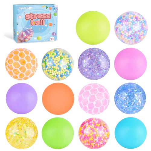 Mini Stressbälle 14 Stück Antistressball, Squishy Stressball für Geschenke für Geburtstagsfeiern Ostern Füller, Fidget Stress Ball 14 Pcs für ADHS, Angst, OCD Angst abbauen und Beruhigung