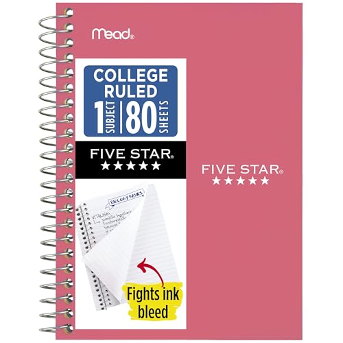 Image of Five Star Spiral Notebook, 1 Subject, College Ruled Paper, 4-3 /8 inch x 7 inch, Small Size, 80 Sheets, Fights Ink Bleed, Water Resistant Cover, Prom Pink (450048R)