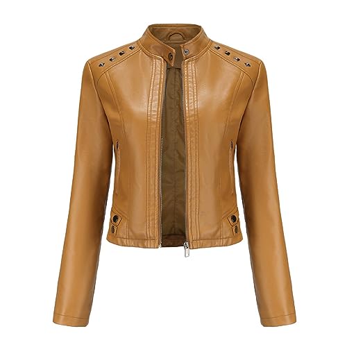 Manteau manches longues femme simili cuir marron veste moto rivet col montant