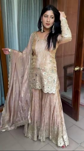 Image of Embroidered Sharara Set, Beige, Net Fabric, Sequin Work, 3-Piece Suit with Dupatta (IN, Alpha, L, Regular)