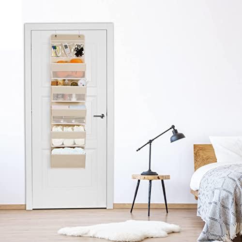 Univivi 6 - Layer Fabric Over the Door Organiser Foldable Door Organisers Nursery Closet Storage with 2 Hooks, Large Hanging Door Organiser for Cosmetics, Baby Items and Sundries - Beige