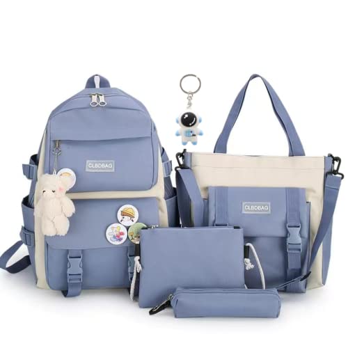 Teslawi kawaii backpack 4Pcs Set Aesthetic backpack 17in backpack，with Kawaii Pendants，Crossbody Bag ，Pencil Case, Handbag (Blue)