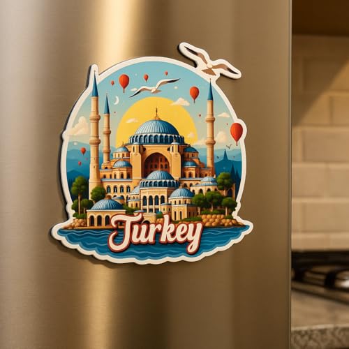 Image of Naxon Turkey Souvenir Wooden Fridge Magnet - 3x3 Inch Travel Collectible Refrigerator Magnet | Hagia Sophia, Cappadocia & Istanbul Skyline Design | Home Kitchen Decor & Gift | Pack of 1
