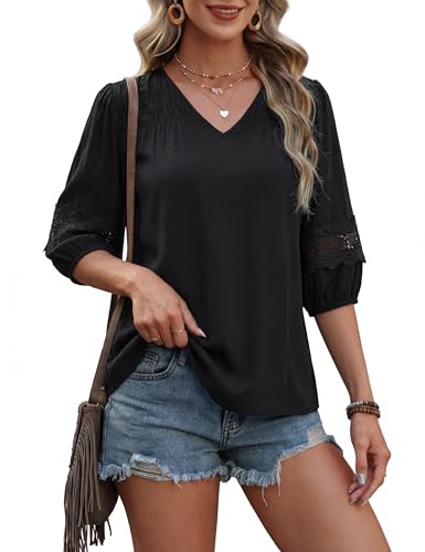  Womens Linen Tops Lace 3/4 Sleeve - image 1