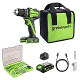 Greenworks 24V 1/2" Brushless Cordless Drill (400 In-lbs.), 2.0Ah (12,000mAh Power Bank) USB-C Batteries, 3.3 FT Braided Cable, 30W Charger + 90 PCS Black Oxide Drilling and Driving Bit Set