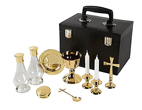 Mass Kit/Sick Call Set, Hard Case, POLISHED BRASS, Chalice, 2 Glass Cruets, Paten, Cross, Spoon, 2 Candle Holders, and Pyx