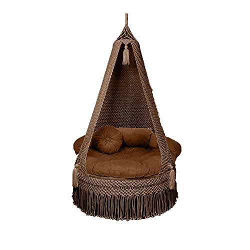 Image of KAAHIRA Bohemian Macrame Hanging Swing Chair- Aesthetic Cotton Rope Hammock for Indoor & Outdoor - Patio, Balcony, Bedroom, Living Room, Garden-Kids, Adults & Pets - Boho Decor (Brown)