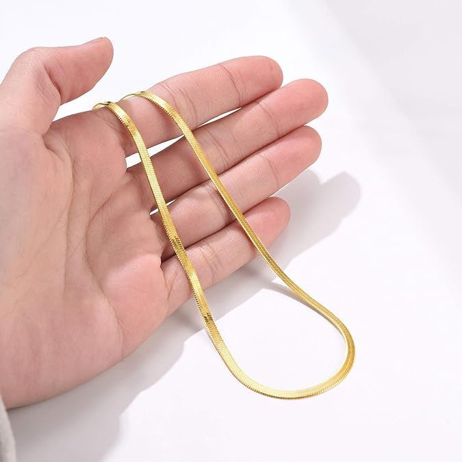 FOCALOOK 14K Gold Plated Necklaces for Women, Fashion Herringbone Choker Necklace Stainless Steel Flat Snake Chain 3/5MM(W) 12.5"/15"/18"+3.5"(L) - Image 6