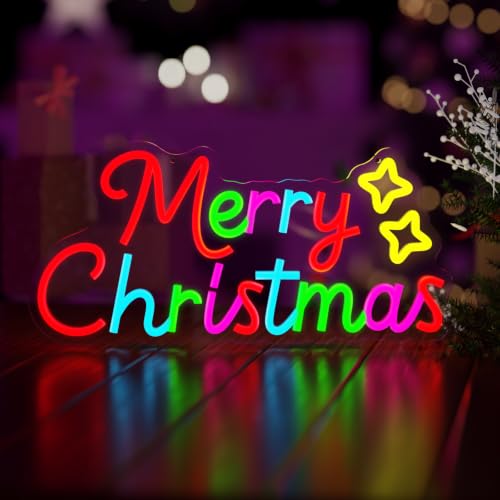 Merry Christmas Neon Sign with Star Accent Holiday Decor Wall Window