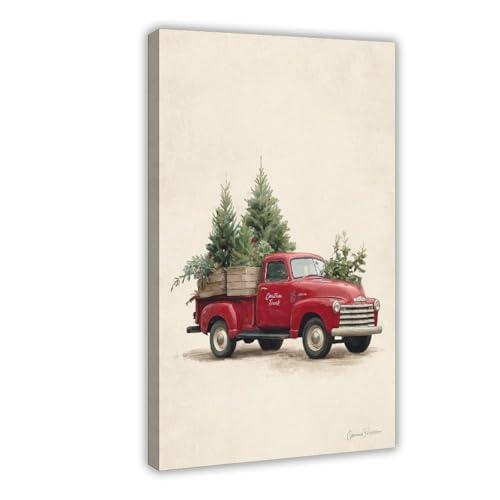 Framed Vintage Farmhouse Christmas Red Pickup Truck 24×36
