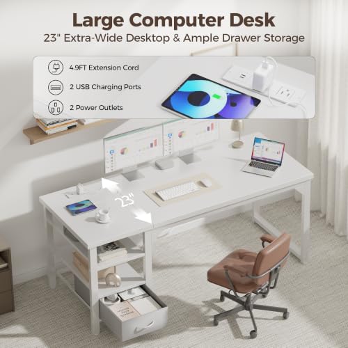 Image of Mericonia 54 inch Computer Desk with Drawer, 1.2 inch Thick Reversible Office Desk | Modern Writing Table with Power Outlets & Storage Shelves, Heavy Duty Industrial Executive Desk for Home Bedroom Study Work