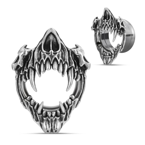 COOEAR Túneles de acero inoxidable, boca abierta, diseño de dientes afilados, dilatadores de piercing con rosca trasera, 00 g (10 mm).