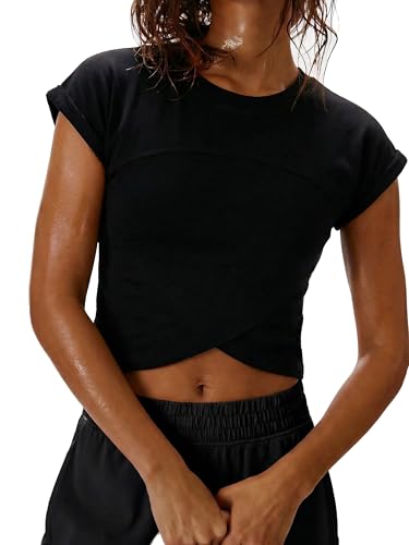 iGENJUN Womens T Shirts Crop Crossover Casual Basic Athletic Exercise Summer Workout Gym Yoga Slim Fit Short Sleeve Spring Crew Neck 2026,M,Black