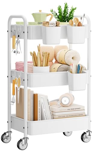 YASONIC Metal 3 Tier Rolling Cart - Heavy Duty Utility Cart with Lockable Wheels, Hanging Cups, Hooks, Mesh Rolling Storage Cart Craft Cart Organizer, Lightweight and Sturdy, White