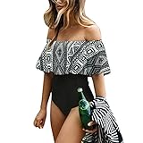 Dream Room Damen Badeanzug Rückenfrei Strand Bademode Schulterfrei Vintage Off-Shoulder Bademode Einteiliger Bikini Rüschen Monokini Swimsuit Beachwear (XL, Schwarz 2)