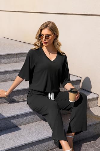 Image of difficort 2 Piece Lounge Sets for Women Summer Outfits Vacation Loungewear | Knit Raglan Short Sleeve Wide Leg pant with Pockets