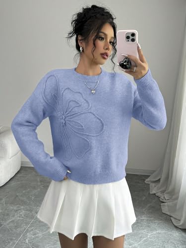 Image of Verdusa Women's Spring 3D Flower Appliques Crewneck Sweaters Long Sleeve Drop Shoulder Pullovers Knit Going Out Tops