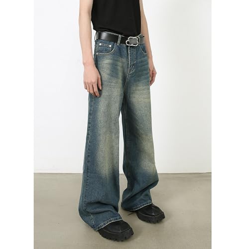 Mens Straight Leg Long Jeans Mid Waist Slim Fit Washed Denim Pants Vintage Baggy Jean Trousers (Small,Retro Bluee2)4