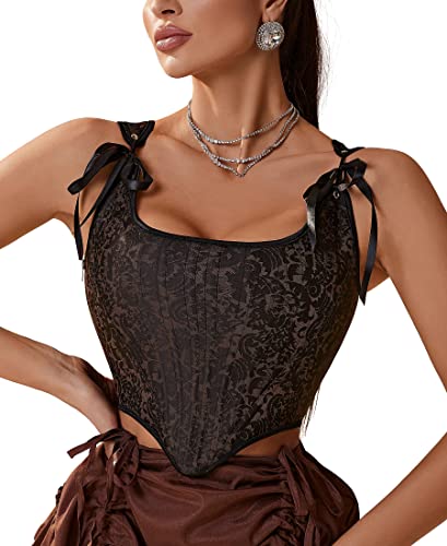 Image of Dreay Womens Vintage Asymmetrical Hem Overbust Corset Tie Front Lace-up Back Bustier Shapewear Top