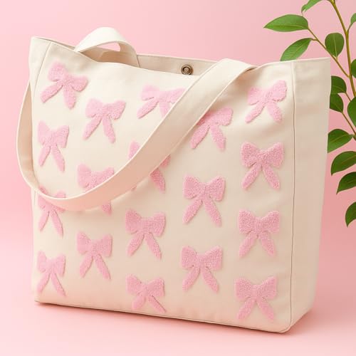 Aliceset pink canvas tote with embroidered bow