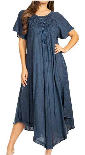 Sakkas Lilia Embroidered Lace Up Bodice Relaxed Fit Maxi Sun Dress