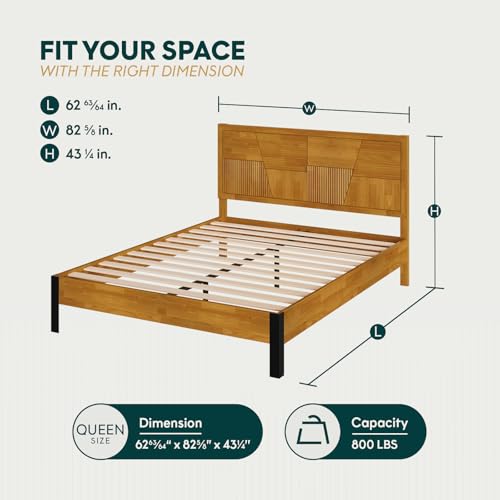Image of Bme Trapeze Queen Bed Frame - Modern Solid Wood Bed with Smooth Pattern Headboard, Black Metal Legs, Teak Brown Finish - Durable Queen Size Platform Bed for Contemporary Bedrooms