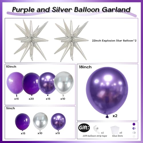 Image of Dark Purple Balloon Arch Kit with 2pcs Spike Balloons, 110pcs Pastel Purple and Metallic Purple Silver Garland for Girls Women Wedding Anniversary Birthday Baby Shower Party Decorations Supplies