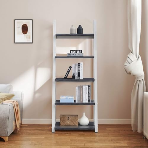 5-Tier-Ladder-Shelf-7201-Tall-Freestanding-Bookshelf-Rustic-Wood-Storage-Display-Rack-Space-Saving-Leaning-Ladder-Design-for-Living-Room-Home-Office-Grey