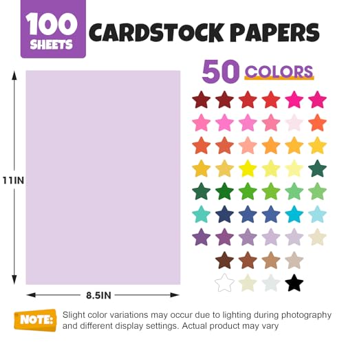 Image of TUXIYA 100 Sheets 8.5 inch X 11 inch Colored Cardstock, 50 Colors Card Stock | 50 Assorted Colors Construction Paper Printer Paper for Printing, Card Making, DIY Crafts, School Supplies,Party 180GSM /65LB