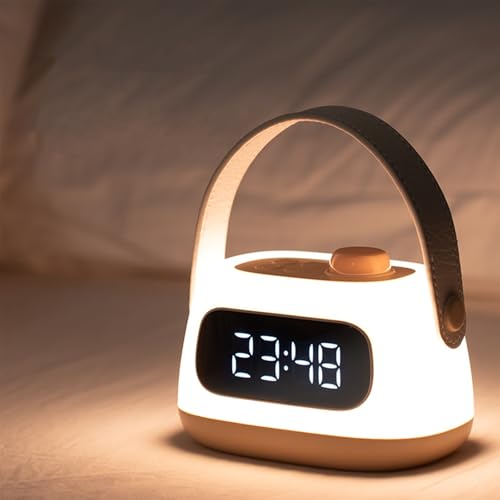 Mindu Réveil LED pour enfants avec veilleuse, réveil à intensité variable, réveil de chevet avec répétition et minuterie, horloge de voyage portable rechargeable avec poignée pour chambre à coucher et