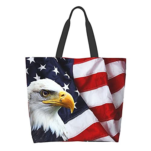 Famame American Flag Eagle Canvas Tote Bag Large Women Casual Shoulder Bag Handbag Reusable Multipurpose Shopping Grocery Bag For Outdoors