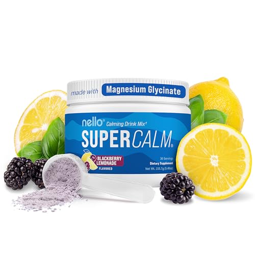 Image of Nello Supercalm Powdered Drink Mix Tub, Cortisol Reducer* and Sleep Aid Supplement, L Theanine, Ksm-66 Ashwagandha, Magnesium Glycinate, Vitamin D 3, No Sugar, Non GMO, 30 Ct, BlackBerry Lemonade