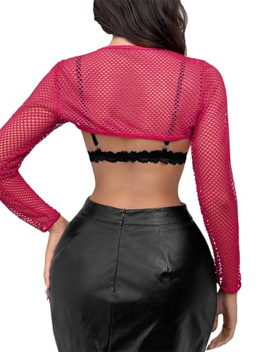 Image of Lilosy Sexy Fishnet Mesh Sheer Crop Top Long Sleeve Shrug Shirt Rave Outfits Cover Up One Piece(No Bra)