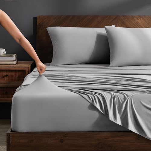 Image of Bare Home Cooling Performance Jersey Knit Stretch Sheet Set, Moisture-Wicking & Breathable, 4-Way Stretch Bed Sheets, Envelope Pillowcases (Twin XL, Light Grey)