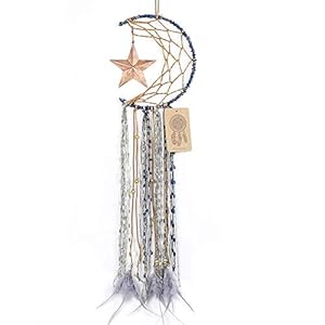 Dremisland Blue Dream Catcher Handmade Half Circle Moon Design Dream Catcher Feather Hanging with Star Home Decoration Ornament Festival Gift (Moon& Star)