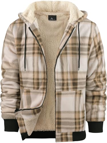 Image of ZITY Heavy Thick Hoodies for Men Plaid Flannel Warm Sherpa Fleece Lined Winter Full Zip Up Coat