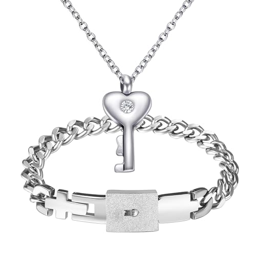 Flongo Pärchen Schloss Schlüssel Schmuckset: Silber Paare Armband Halskette Set Damen Kette mit Herz Anhänger und Herren Cuban Lock Armkette Edelstahl Geschenke für Partner Weihnachten Valentinstag