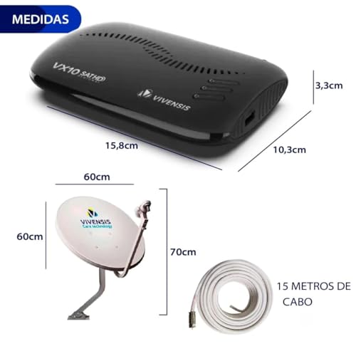 Kit Receptor Genérico Digital Vivensis + Antena + Cabo 15M + LNBF 4 Pontos + Receptor