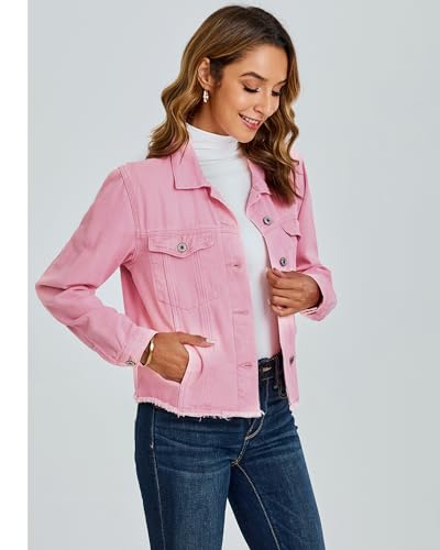Image of luvamia Denim Jacket for Women Distressed Jean Jackets Button Up Vintage Western Trucker Jacket Frayed Hem Pockets