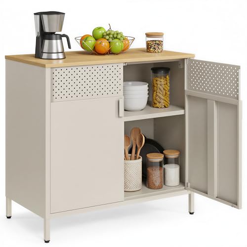 SONGMICS Armario de Almacenamiento, Aparador de Metal, Doble Puerta Magnética, Estante Ajustable, Marco de Acero, 40 x 80 x 76 cm, Beige Arena y Beige Natural LSC102L01