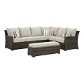 Signature Design by Ashley Brook Ranch Outdoor Sectional, 3-Piece Patio Furniture Set with Rust-Free Aluminum Frame, L Shaped Resin Wicker Couch and Bench for Backyard Entertaining, Beige & Brown